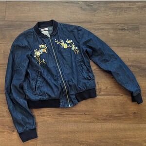 Bongo Womens Denim Bomber Jacket Blue Embroidered Floral Bird Full Zip Small S/C